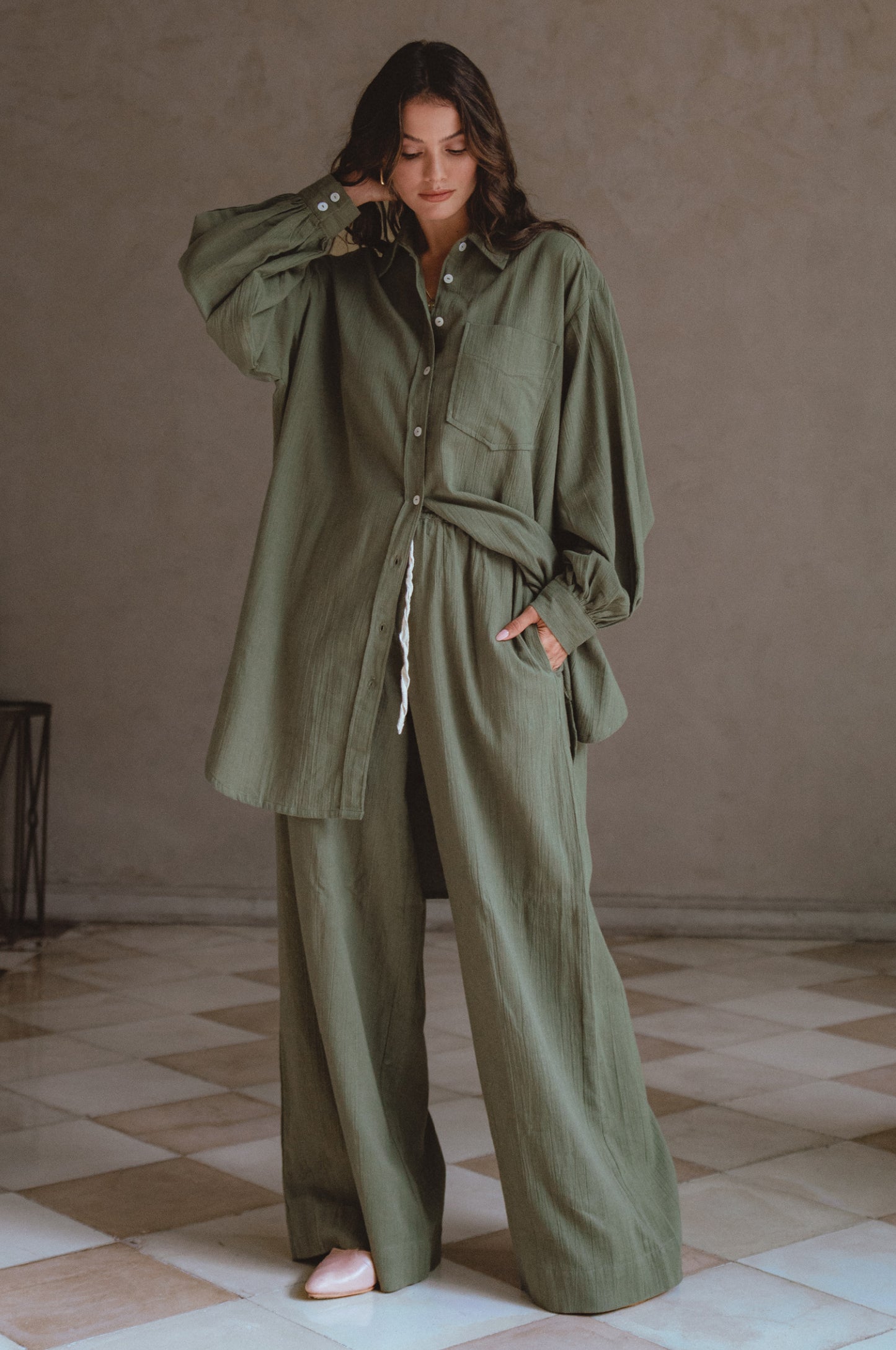 Calin Wide Leg Linen Pants - Khaki