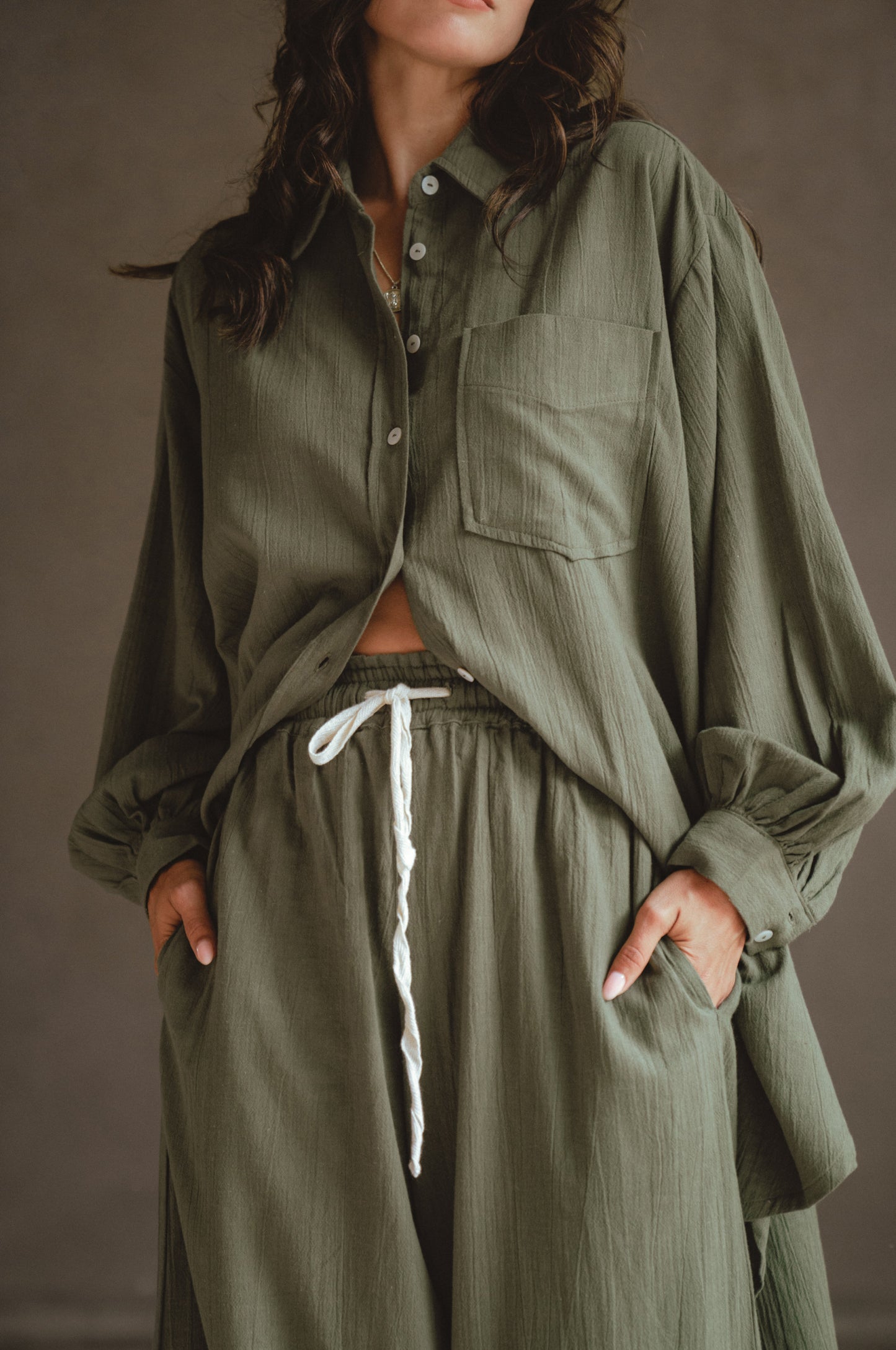 Calin Wide Leg Linen Pants - Khaki