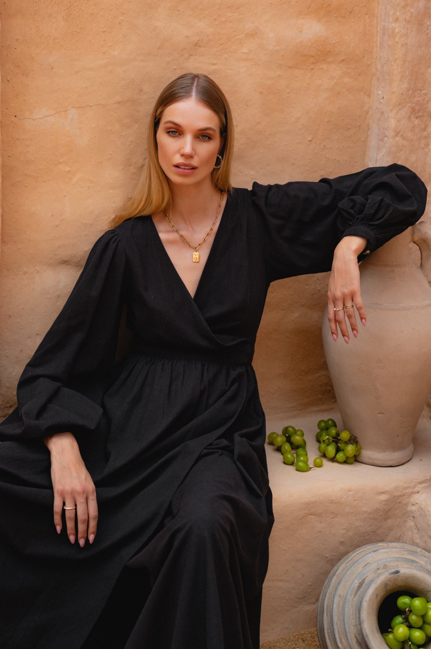 Emerie Long Sleeve Wrap Dress - Black