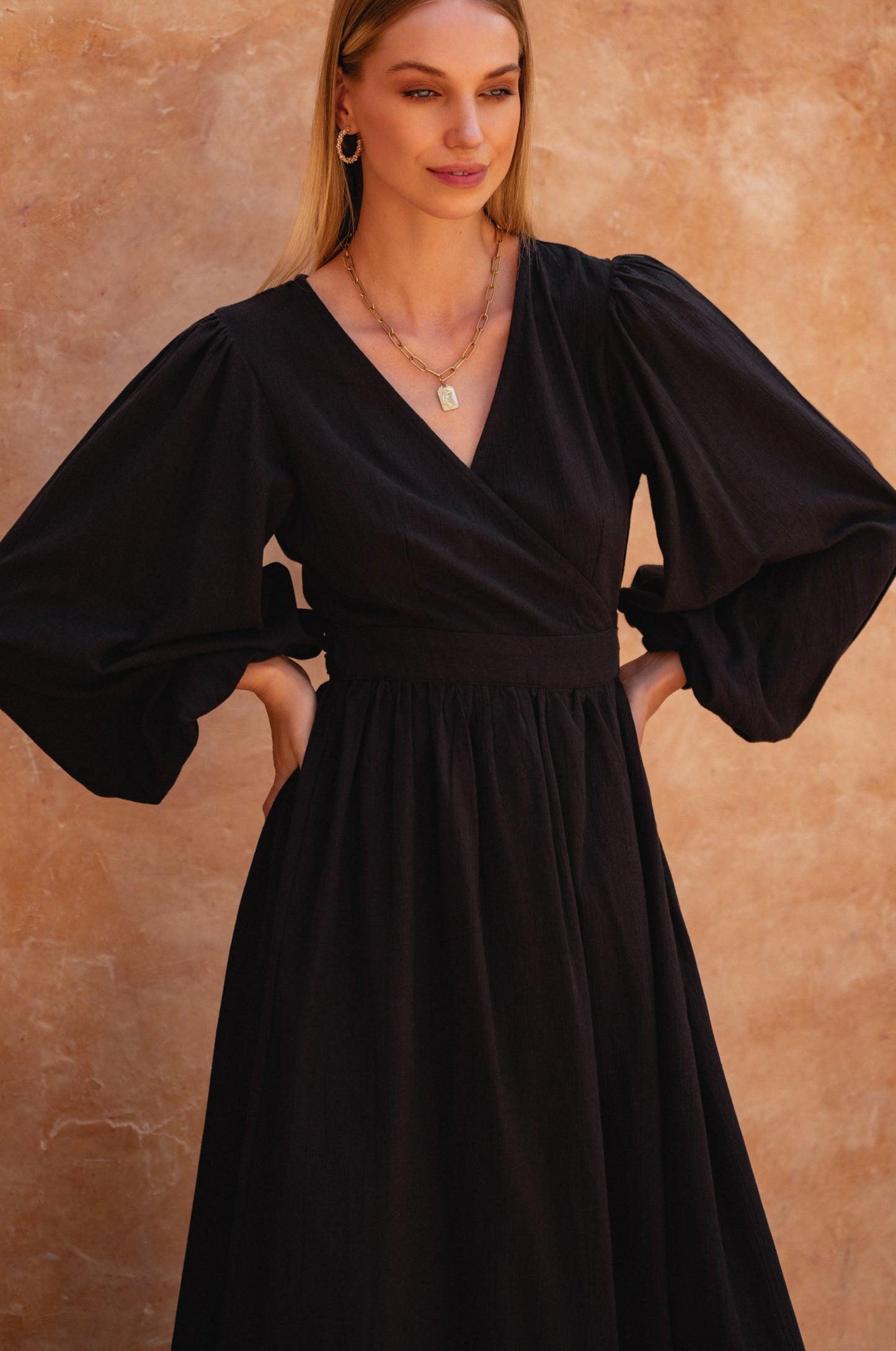 Emerie Long Sleeve Wrap Dress - Black