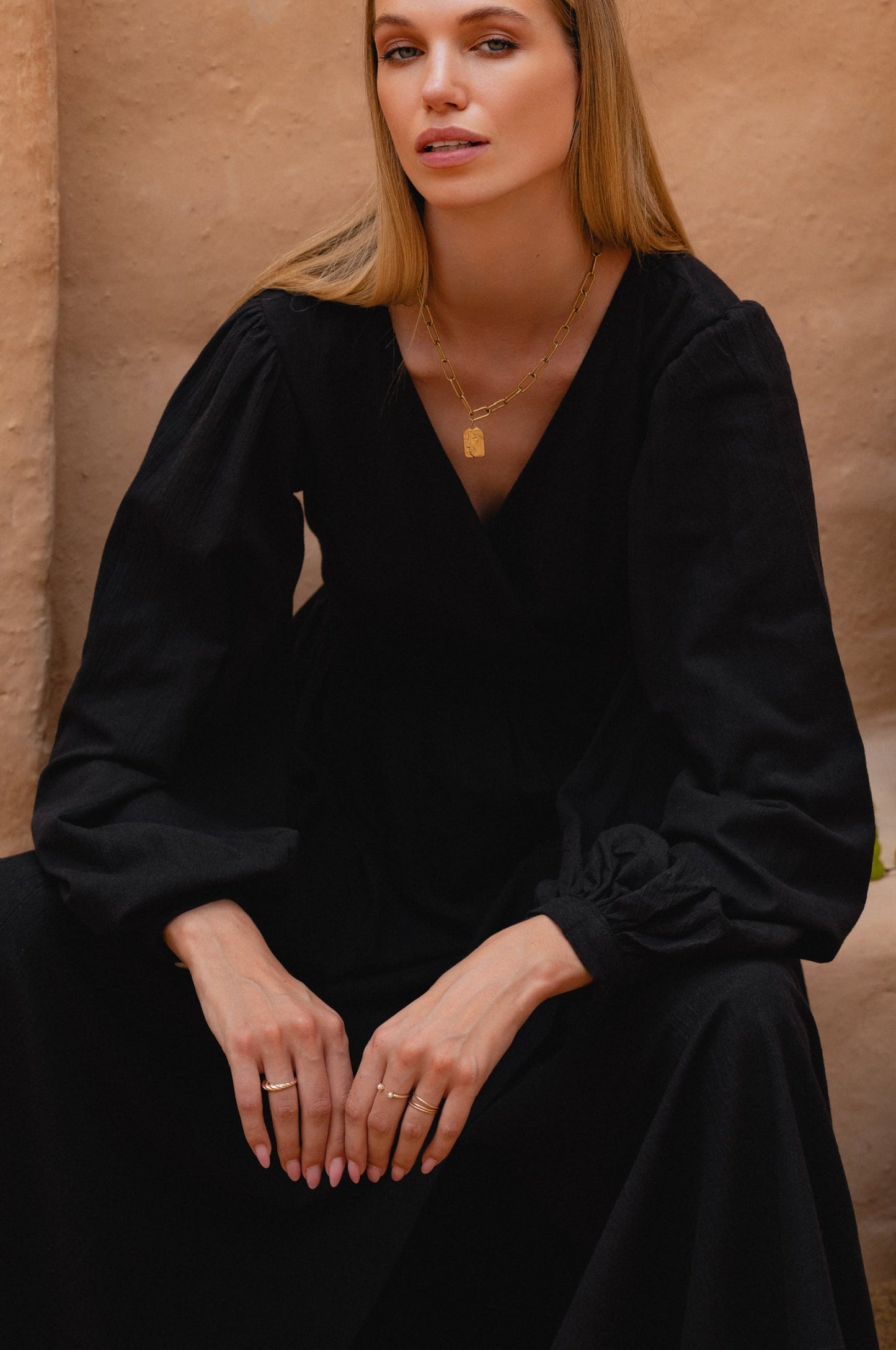 Emerie Long Sleeve Wrap Dress - Black