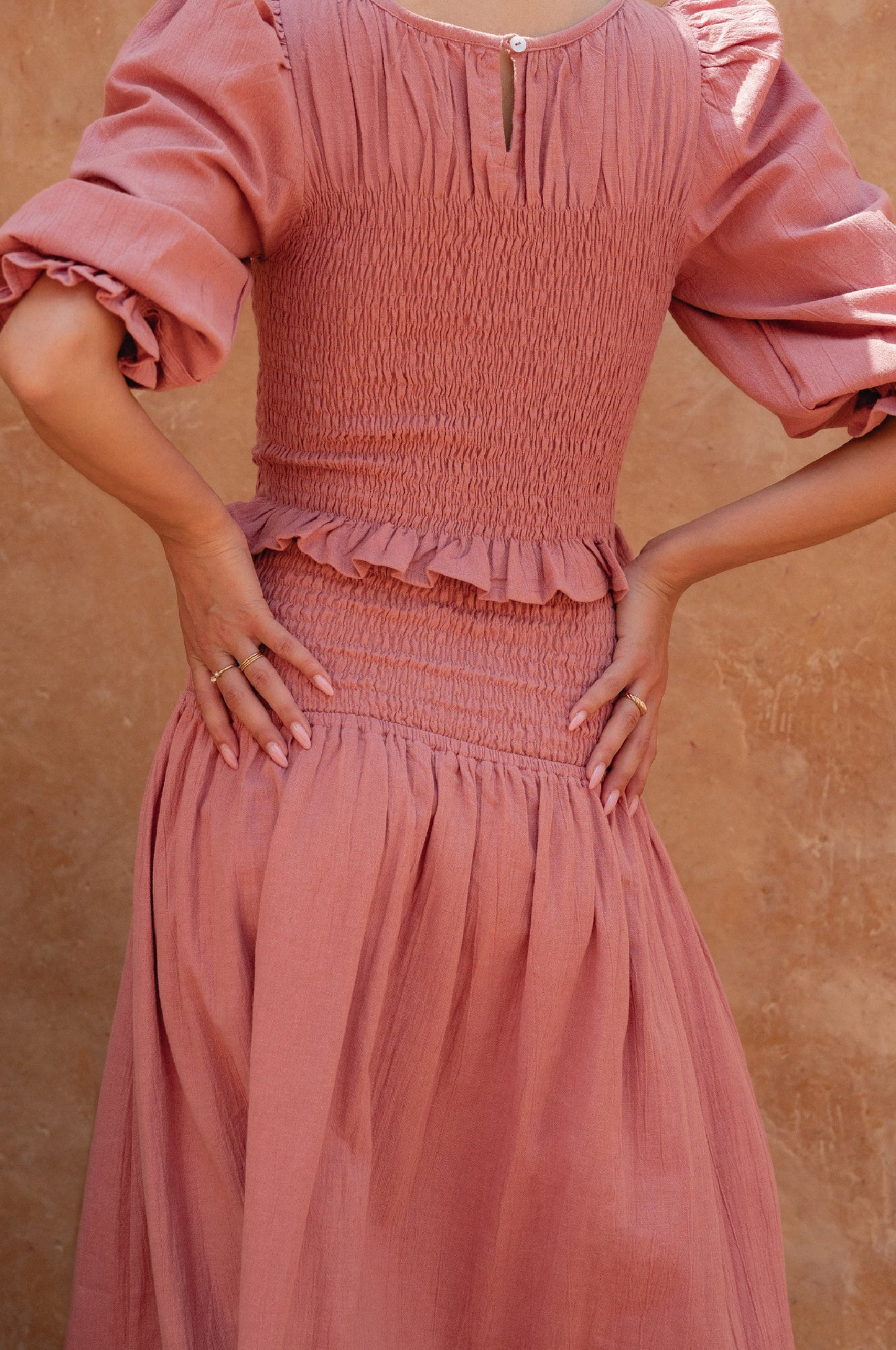 Lavena Smocked Midi Linen Skirt - Rose