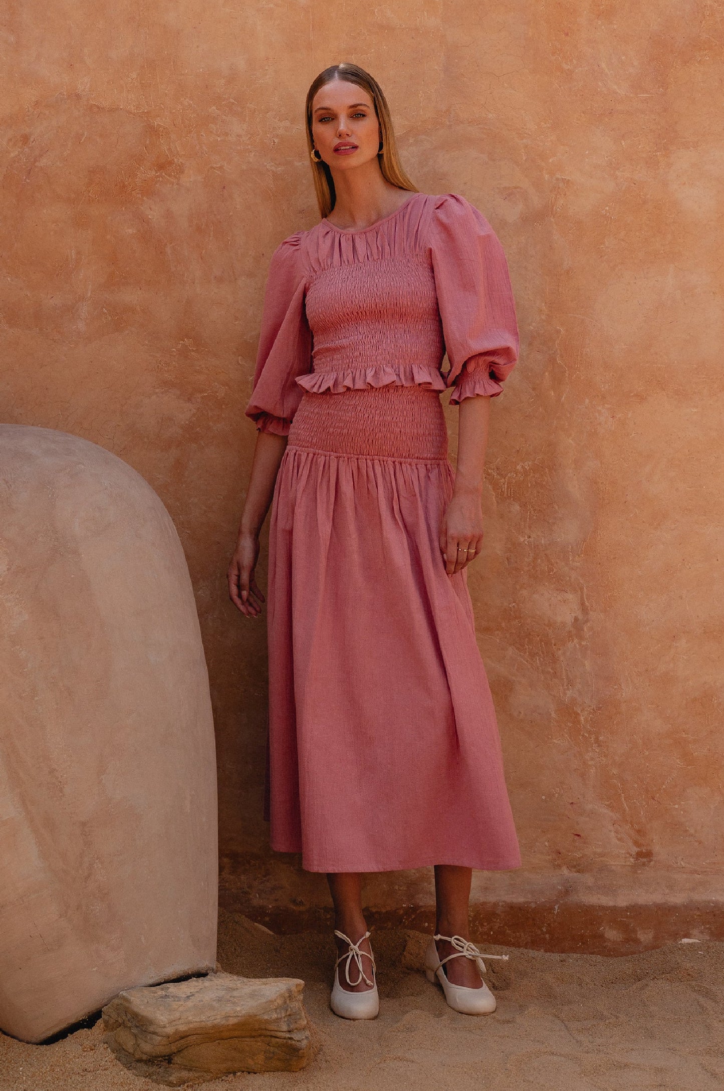 Lavena Smocked Midi Linen Skirt - Rose