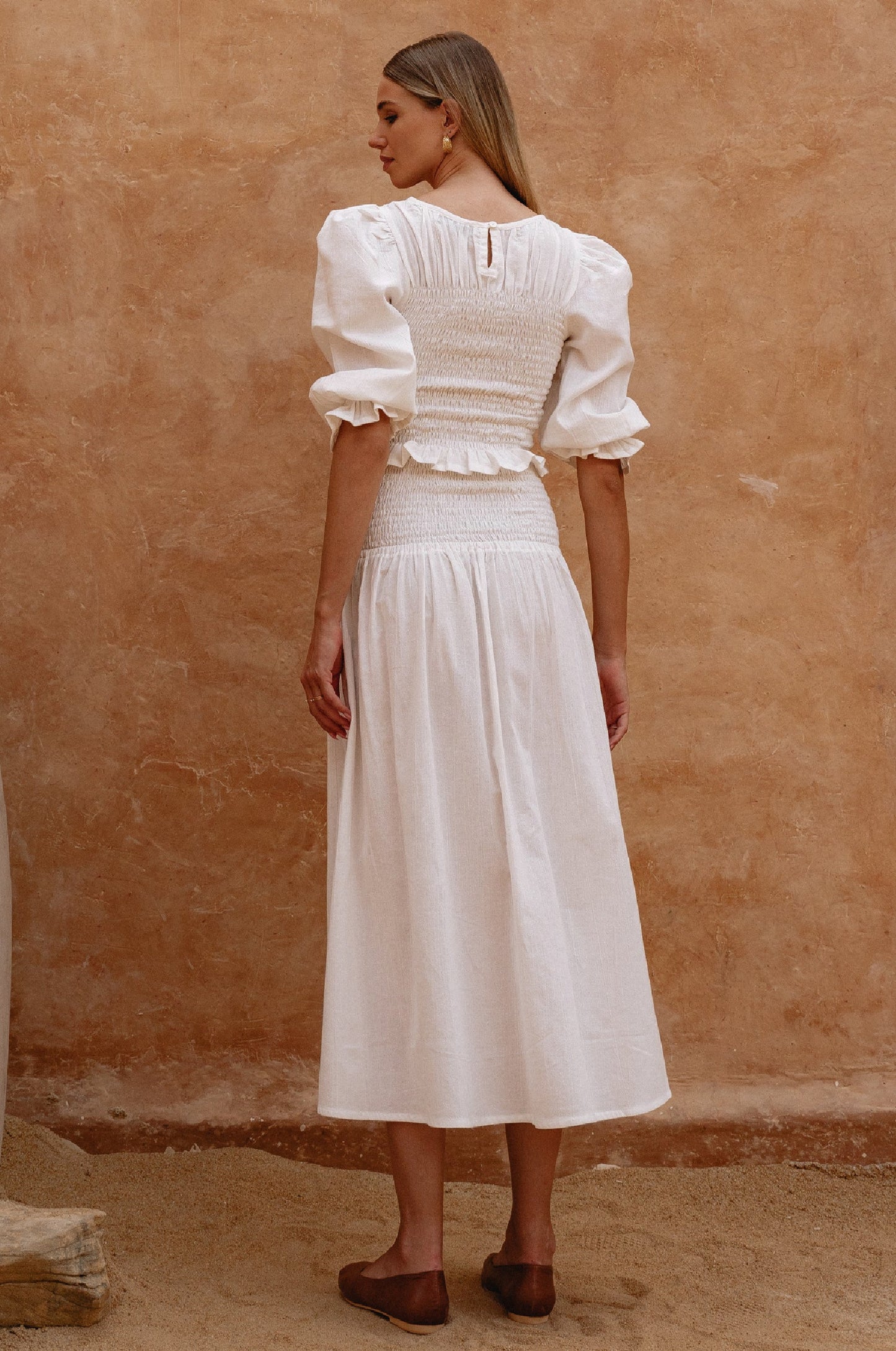 Lavena Smocked Midi Linen Skirt - White