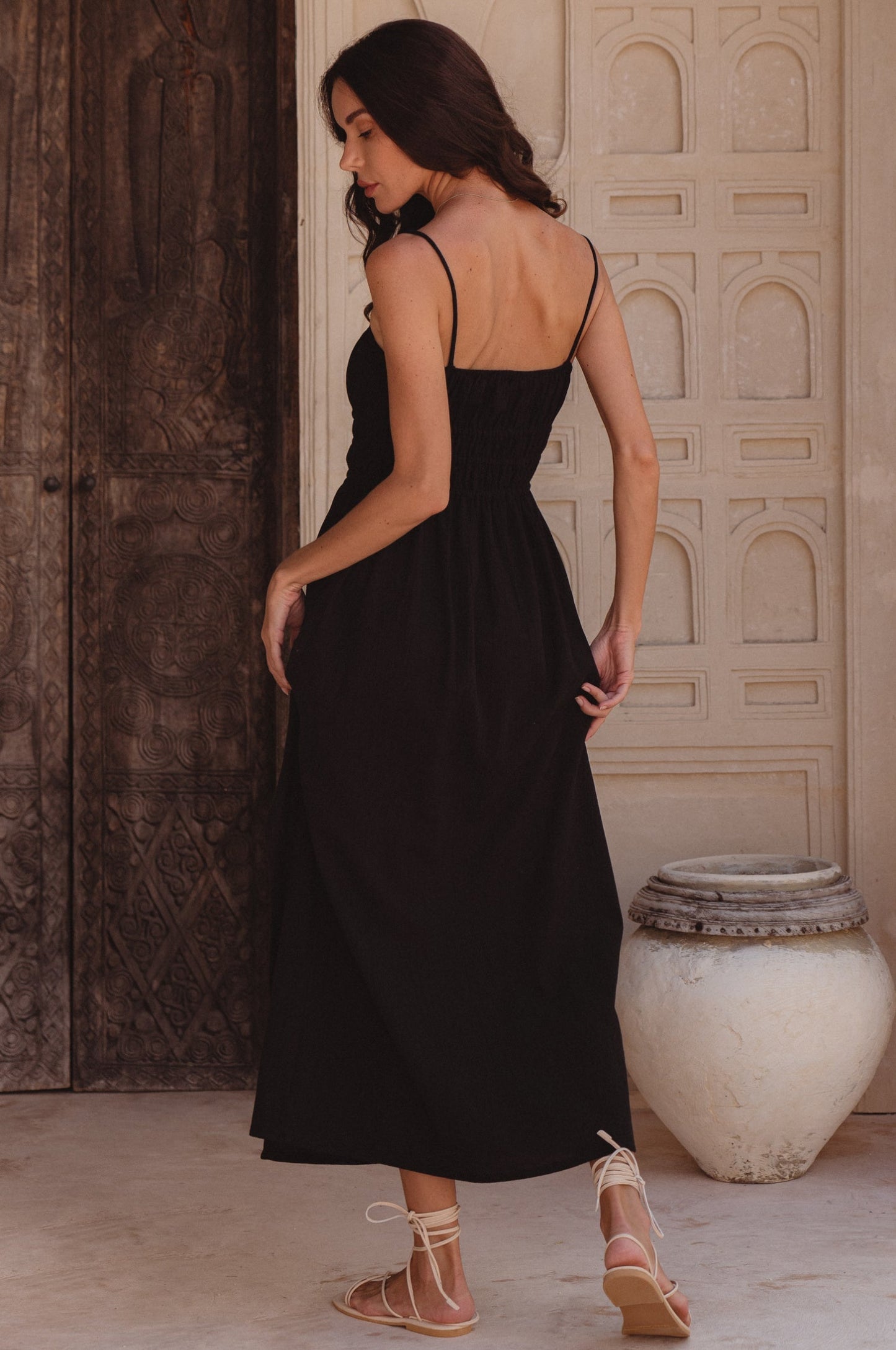 Eleanore Handcrafted Linen Midi Summer Dress - Black