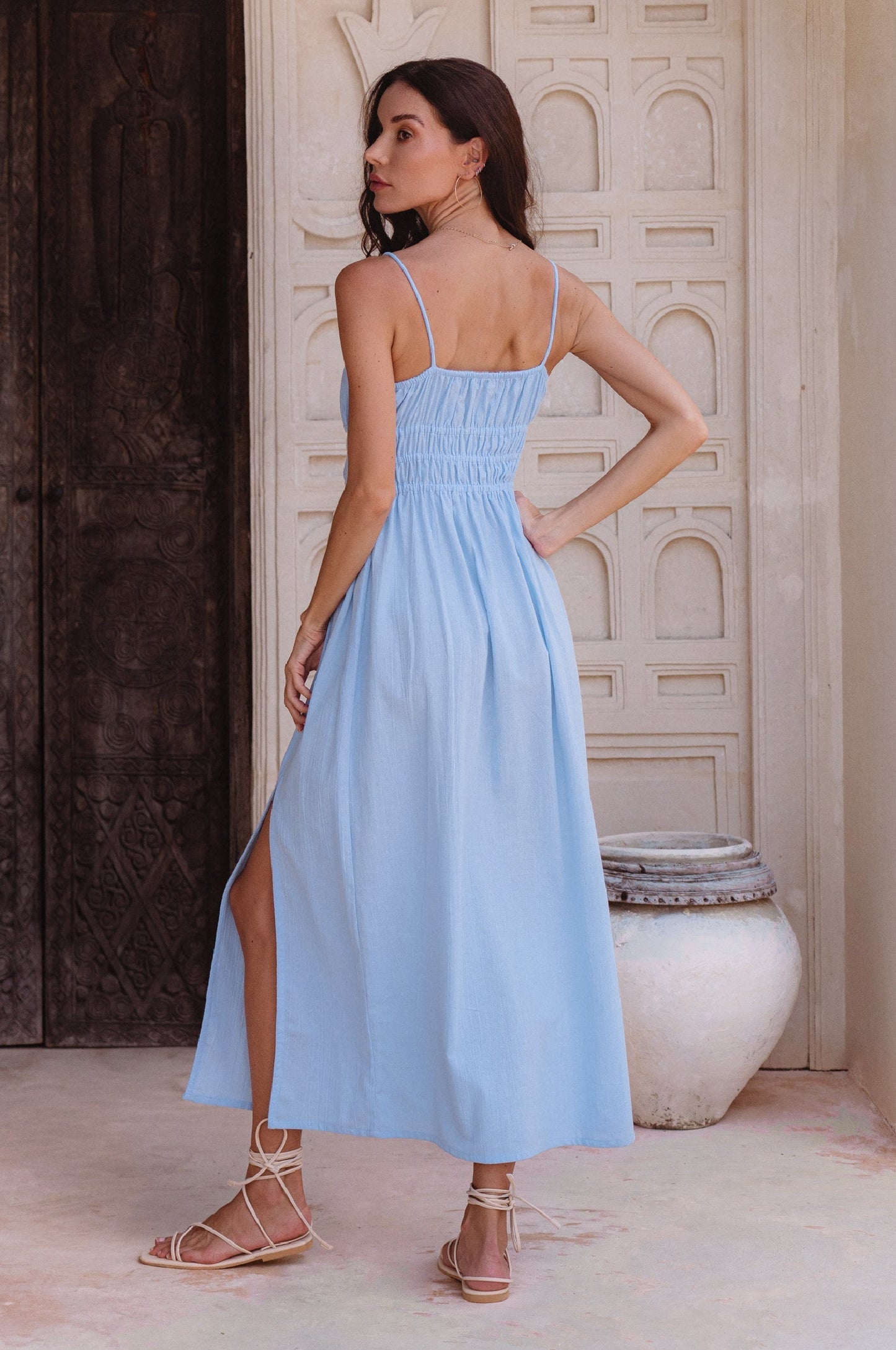 Eleanore Handcrafted Linen Midi Summer Dress - Ciel