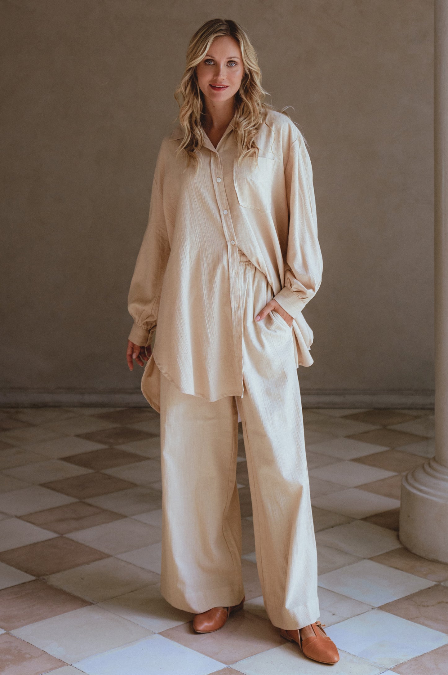 Calin Wide Leg Linen Pants - Beige