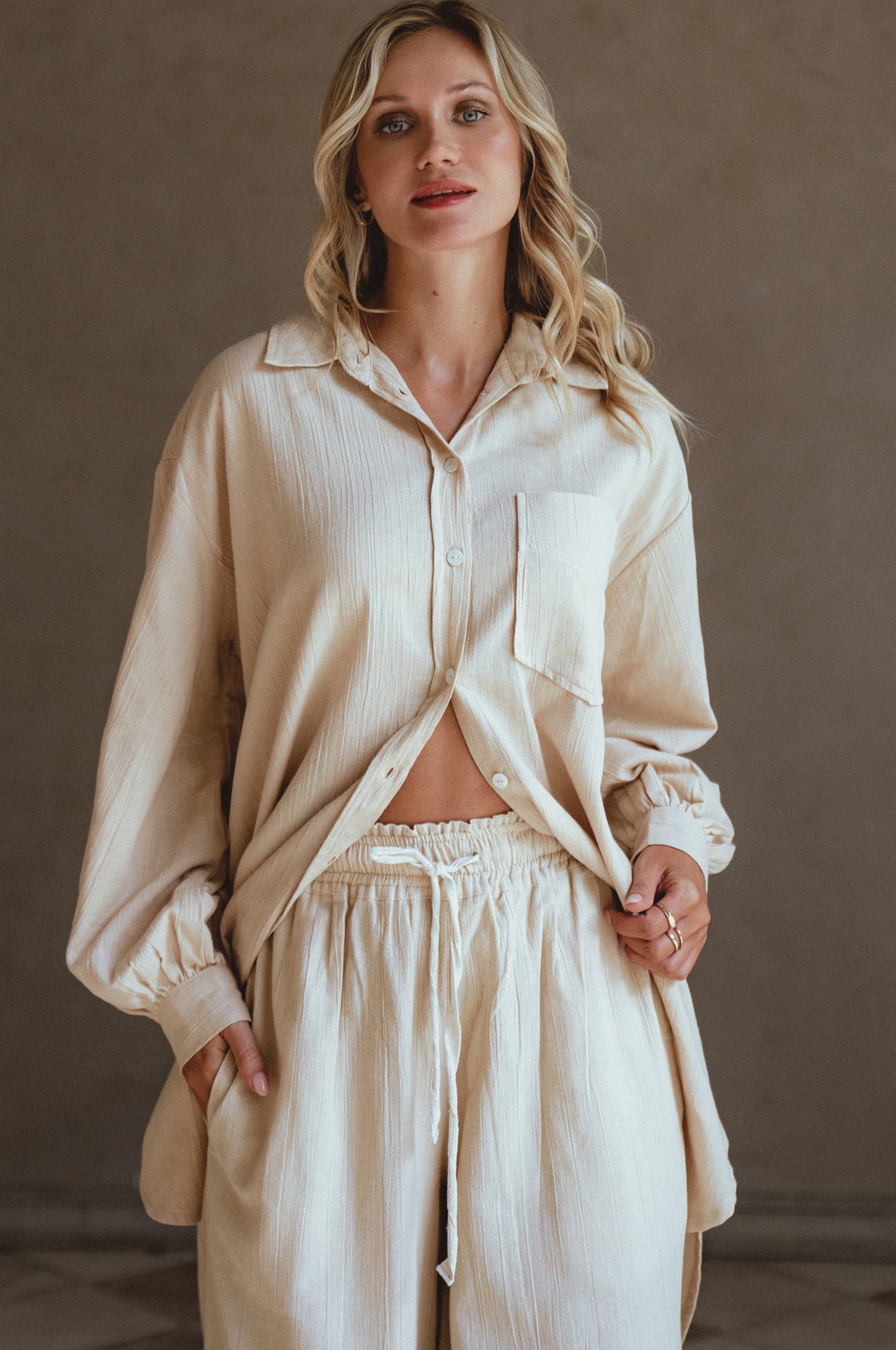 Calin Wide Leg Linen Pants - Beige