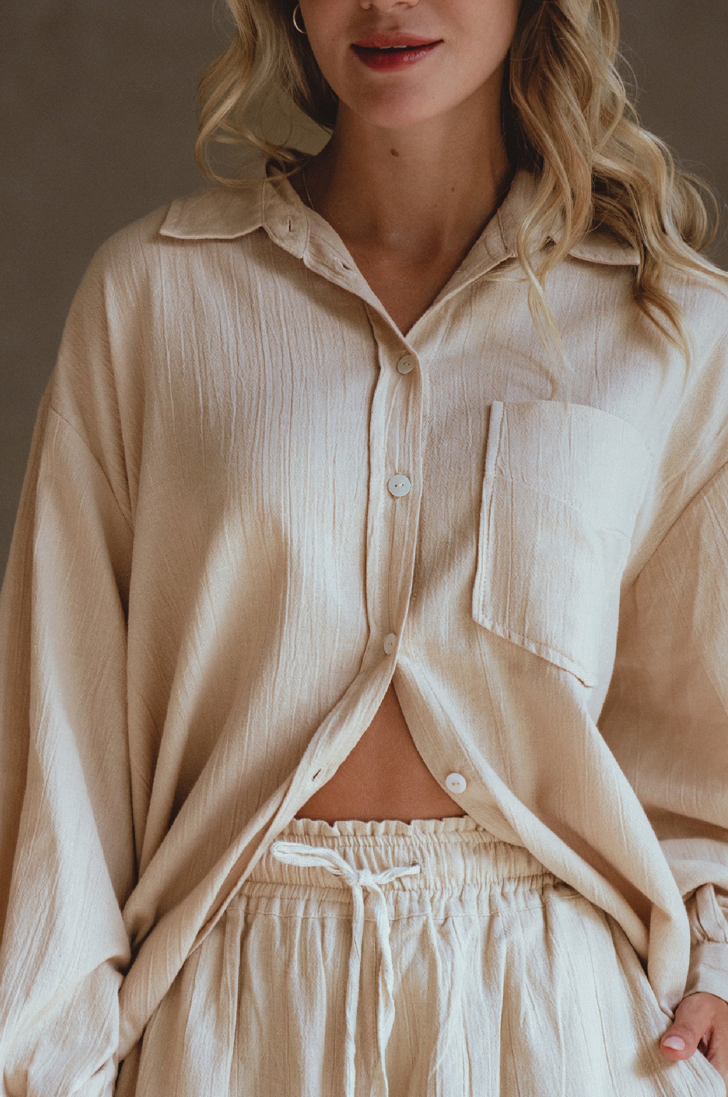 Calin Long Sleeve Oversized Shirt - Beige