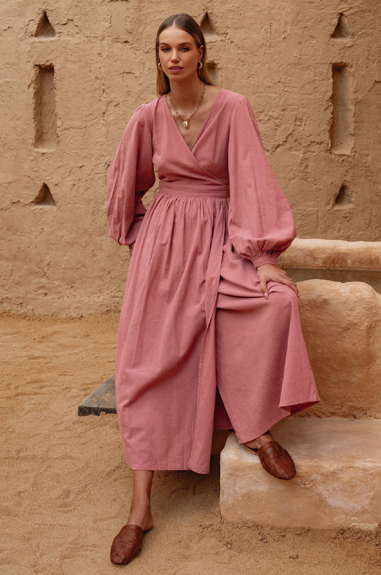 Emerie Long Sleeve Wrap Dress - Pink