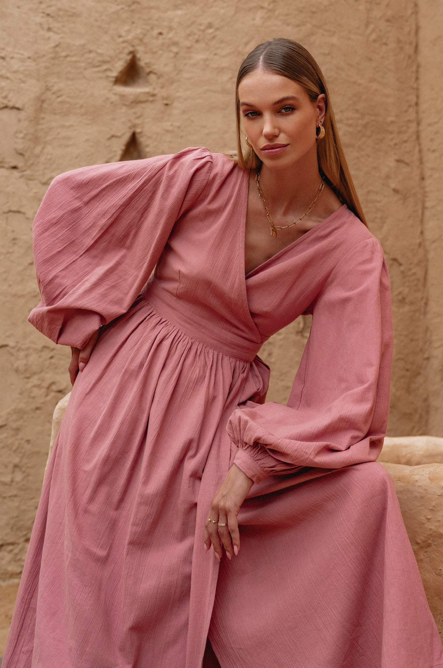 Emerie Long Sleeve Wrap Dress - Pink