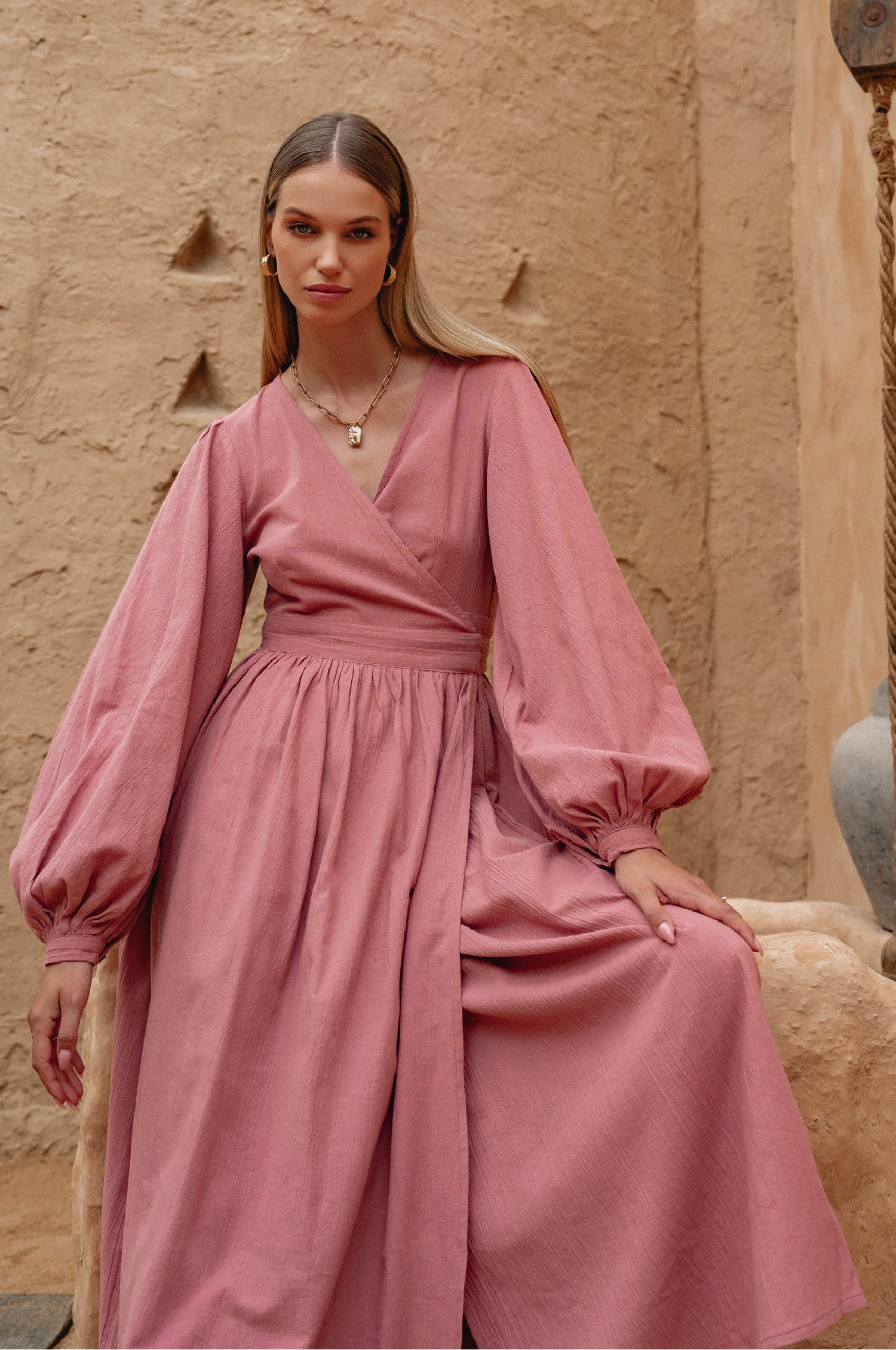 pink long sleeve wrap dress Emerie cf-size-us6 Pick Model:Model 5 Add a simple clutch Women's Holiday Wear |