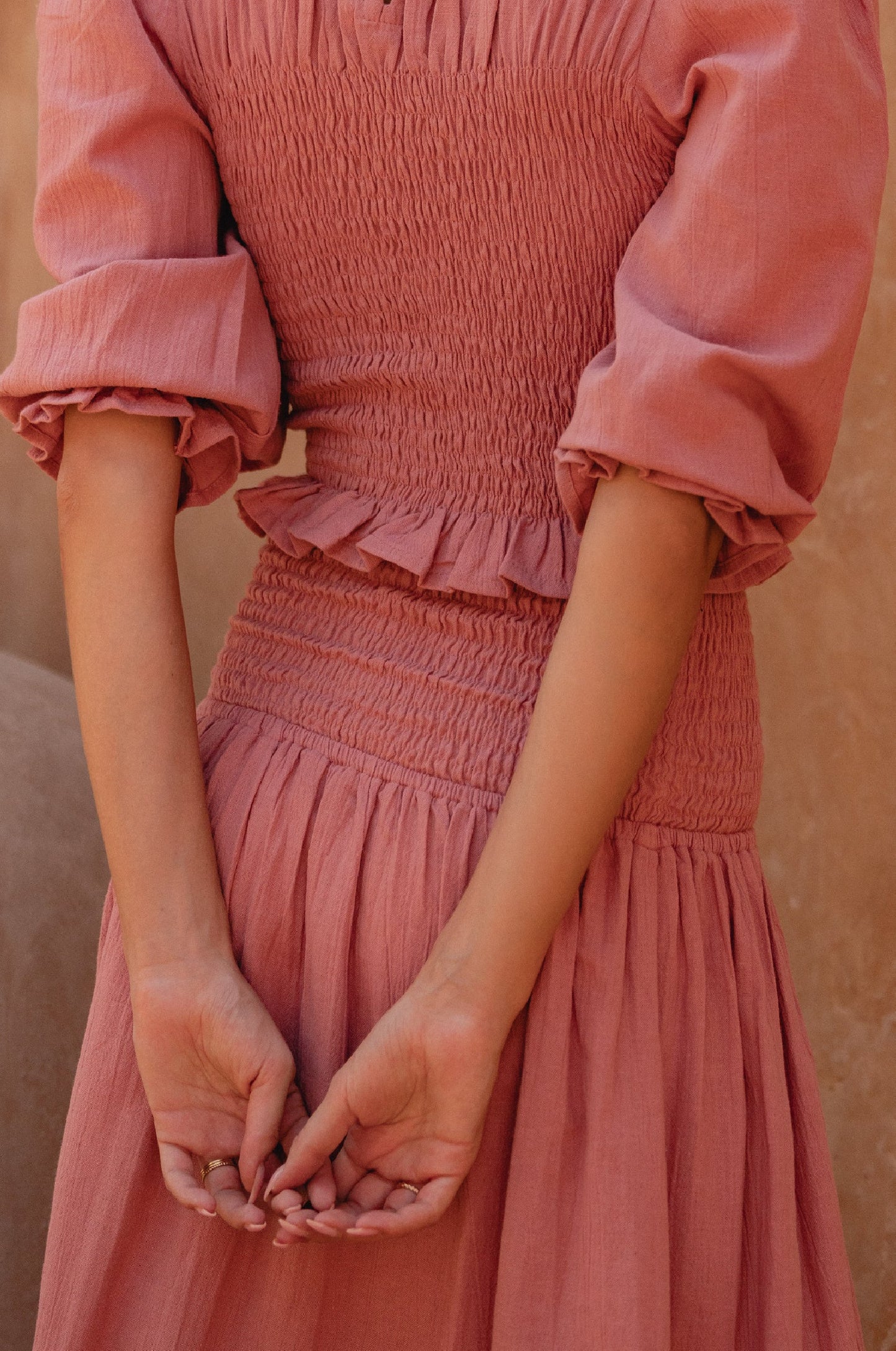 Lavena Smocked Midi Linen Skirt - Rose