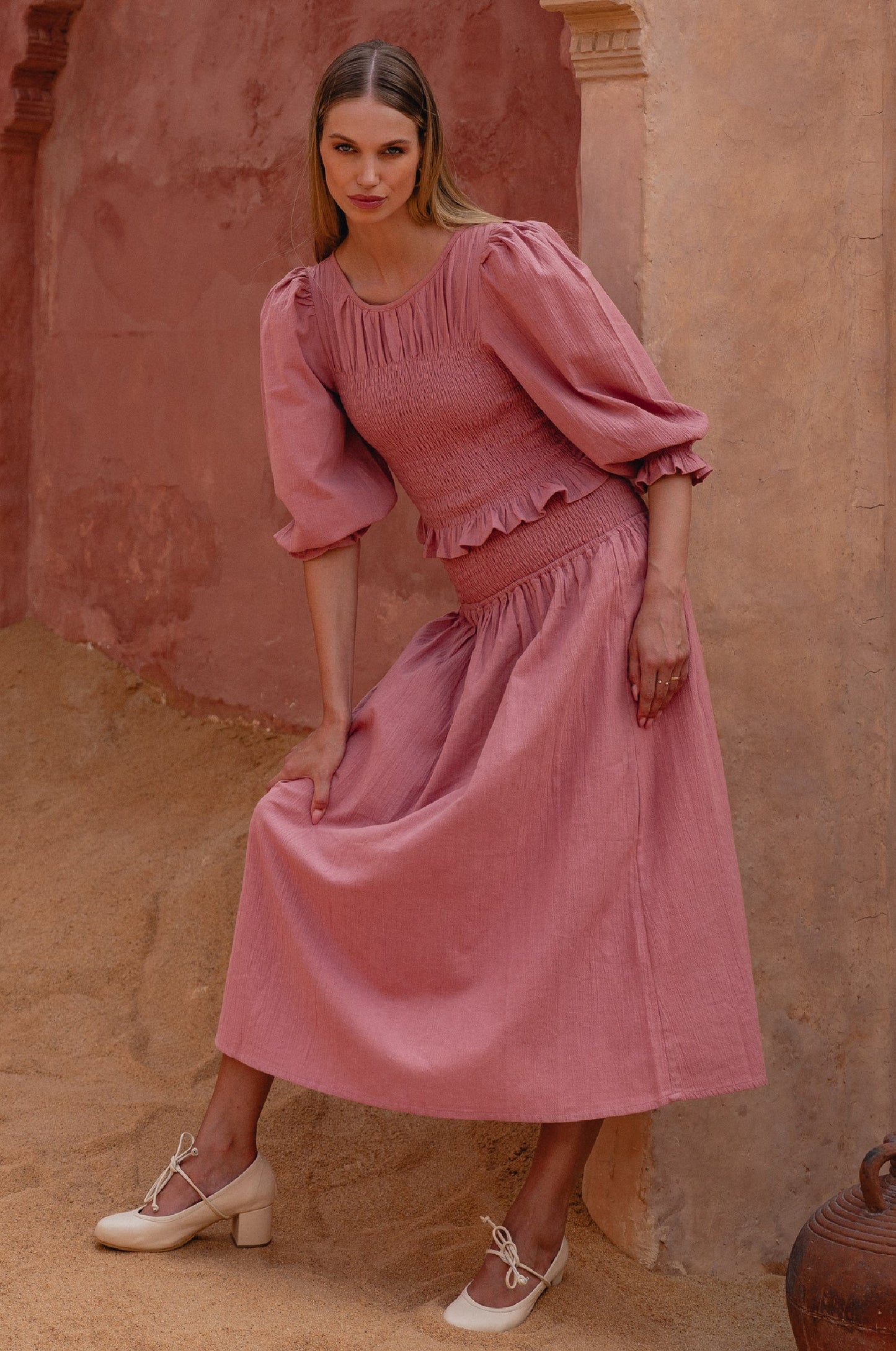 Lavena Smocked Midi Linen Skirt - Rose