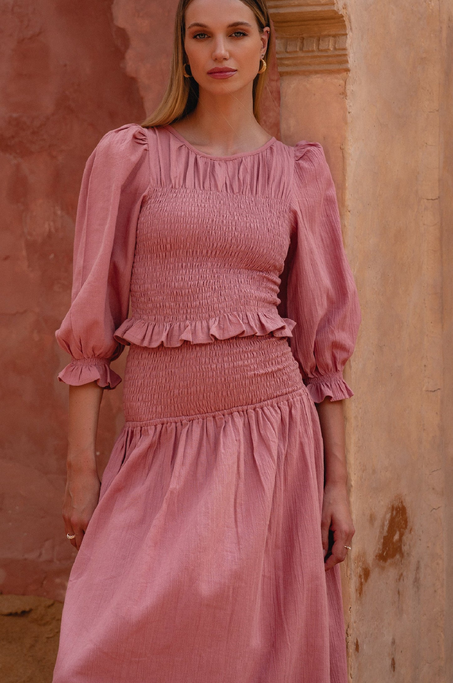 Lavena Smocked Midi Linen Skirt - Rose