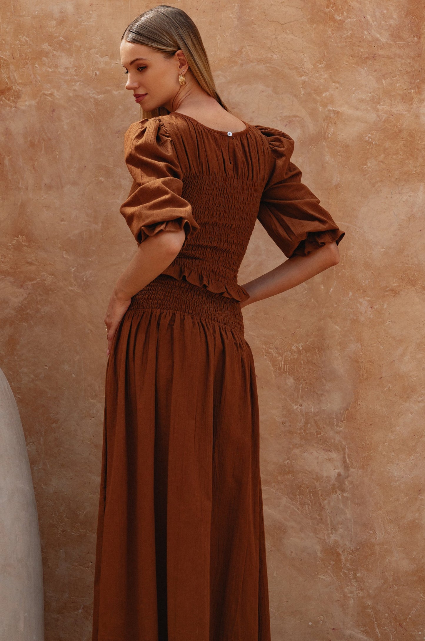Lavena Smocked Midi Linen Skirt - Brick