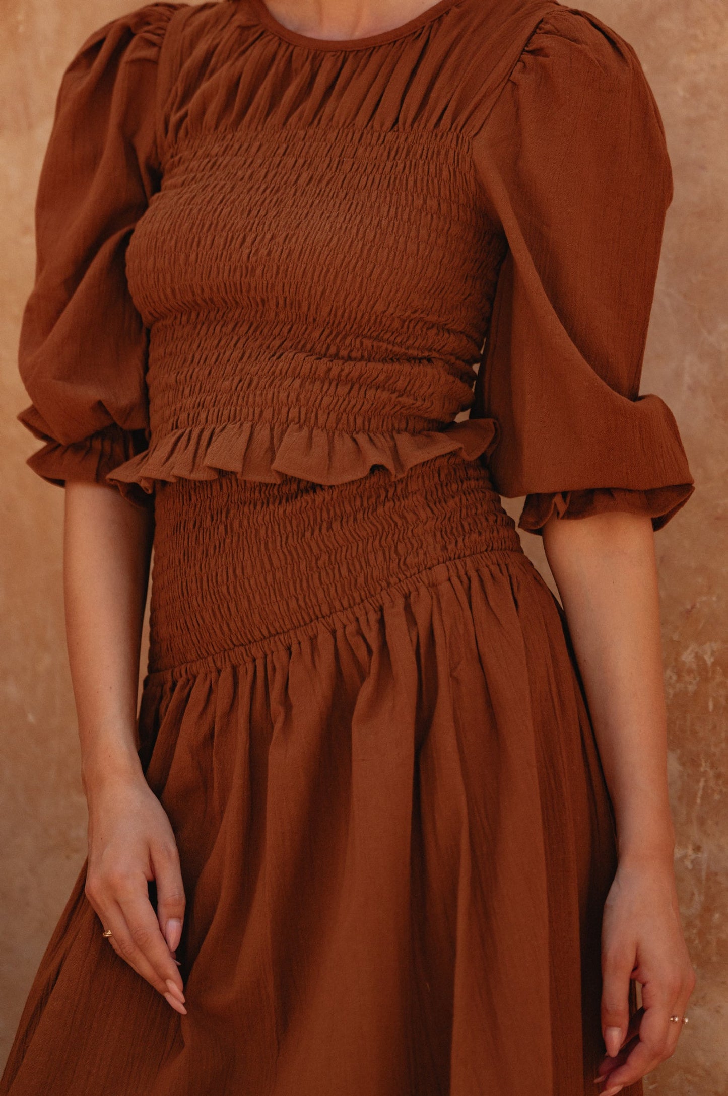 Lavena Smocked Midi Linen Skirt - Brick