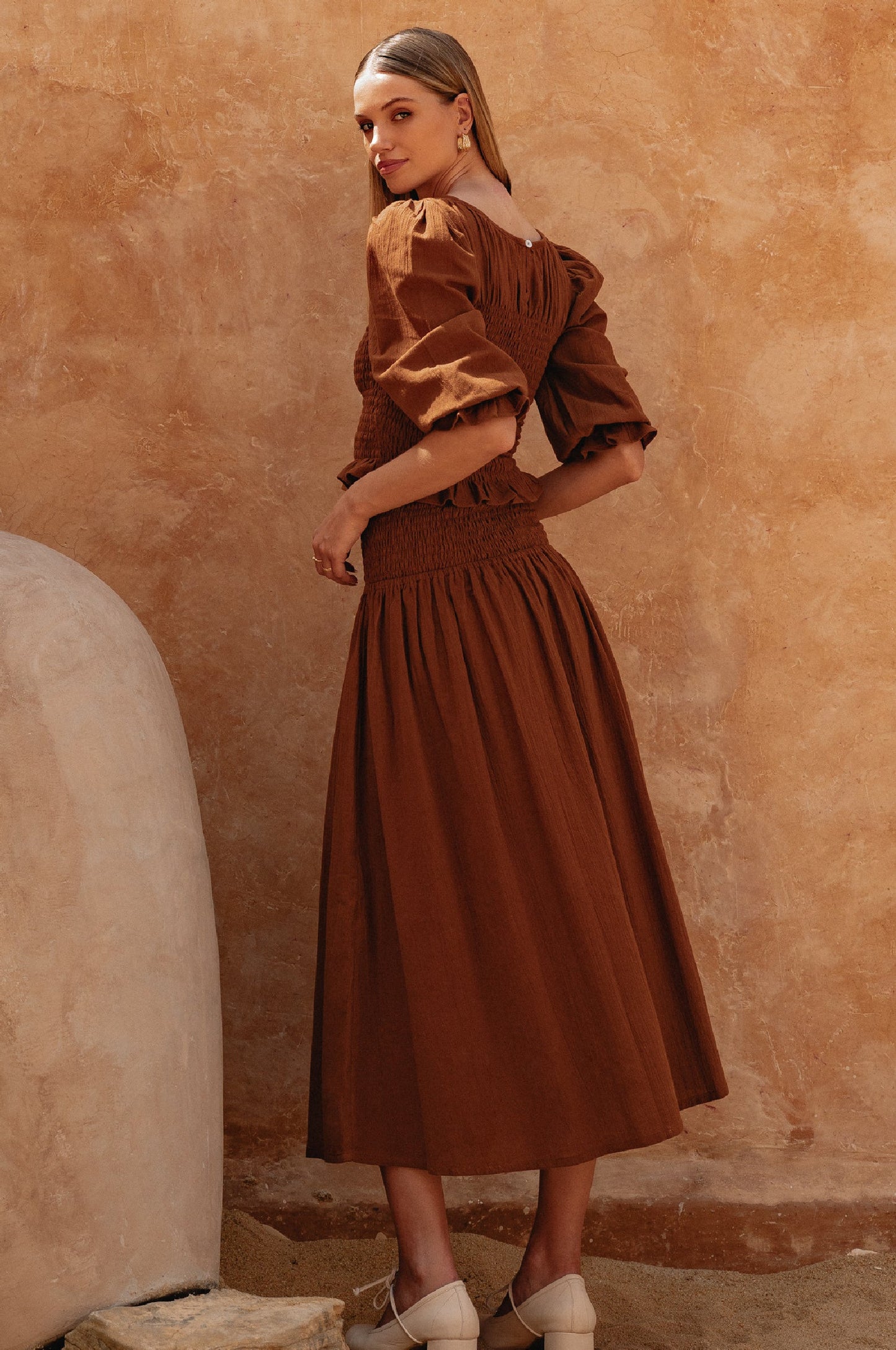 Lavena Smocked Midi Linen Skirt - Brick