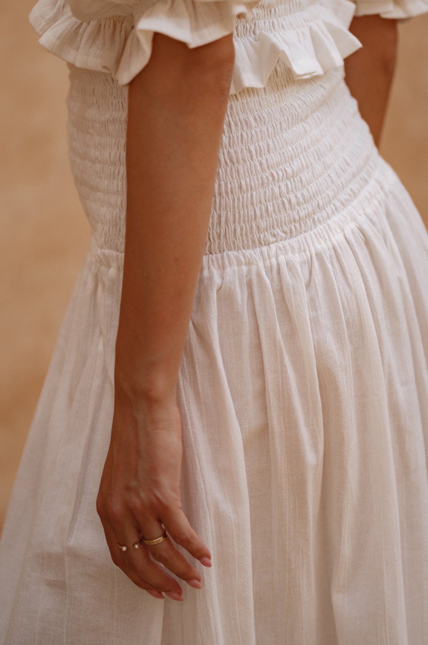 Lavena Smocked Midi Linen Skirt - White