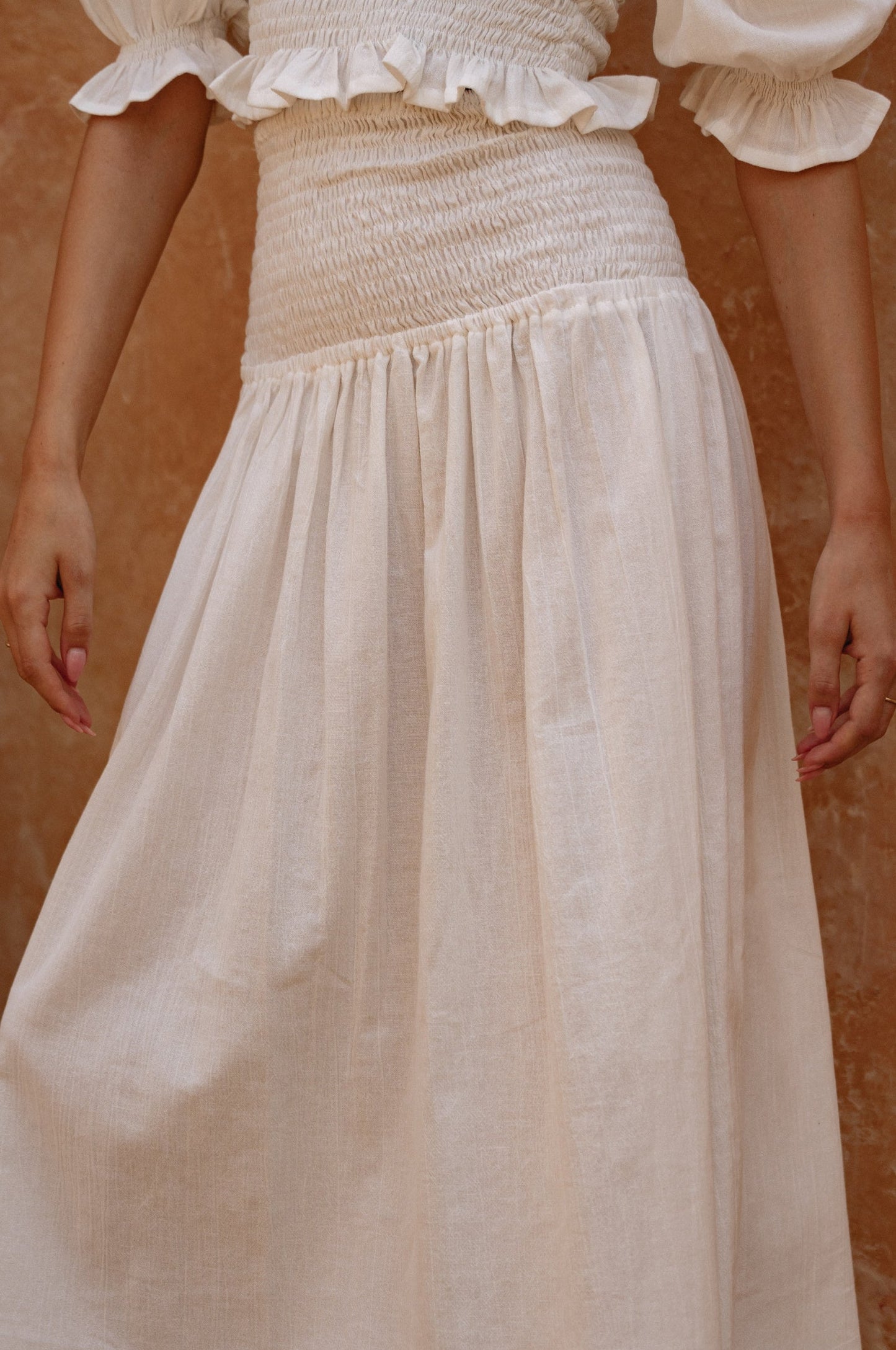 Lavena Smocked Midi Linen Skirt - White