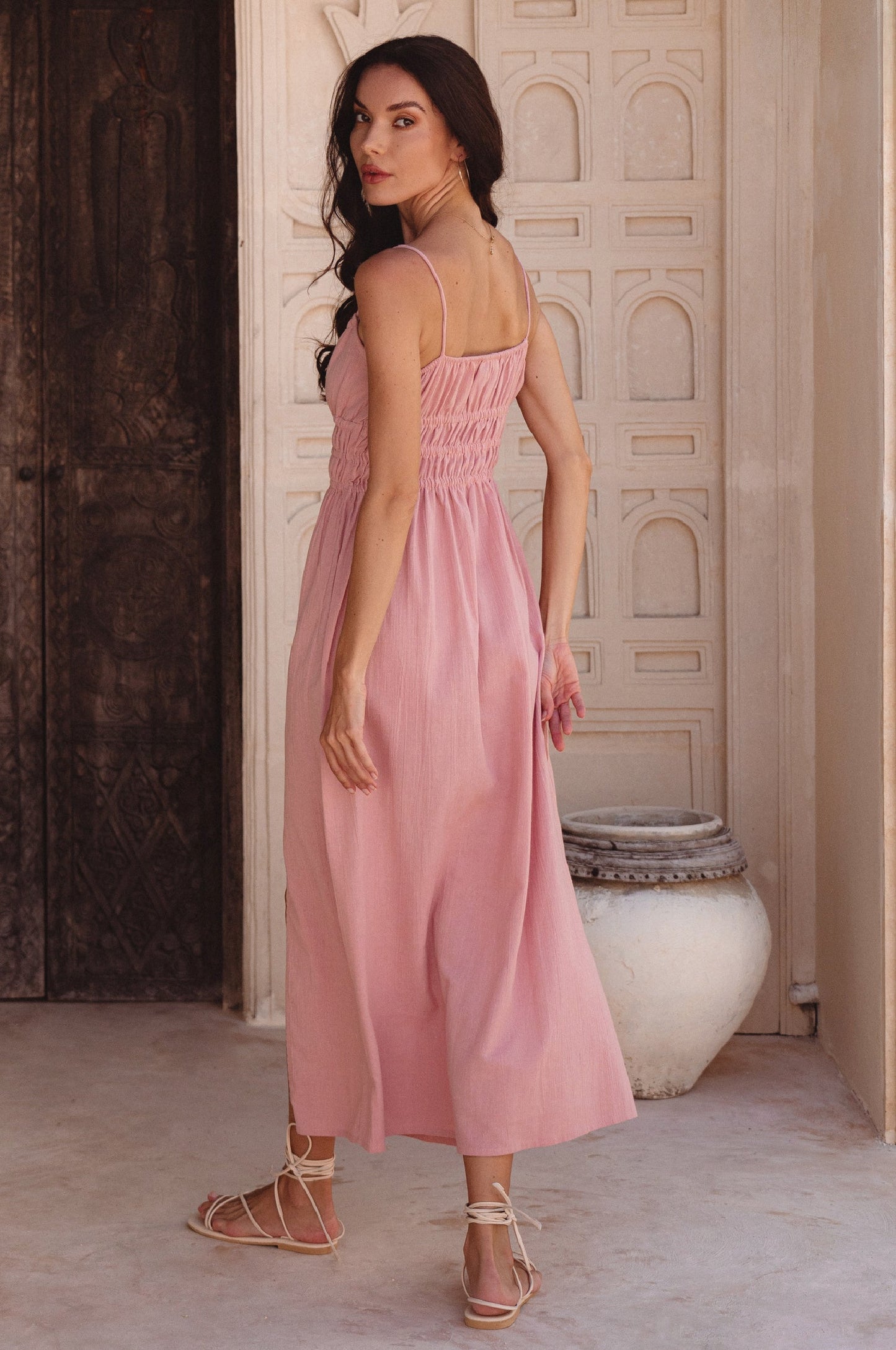 Eleanore Handcrafted Linen Midi Summer Dress - Pink